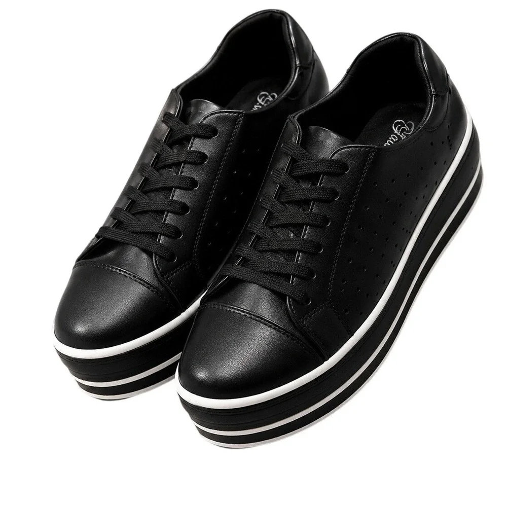 Irene-05 Black Faux Leather Platform Sneakers Striped Sole Womens 7.5